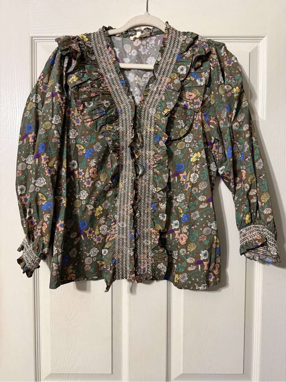 entro Olive Floral Ruffle Smocked Blouse